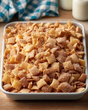 A tray of chex mix with a glass of milk in the background