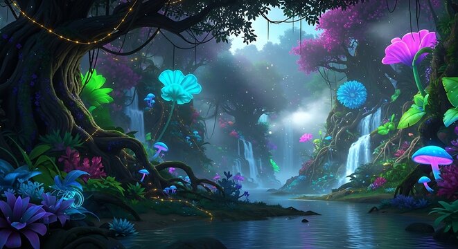 A vibrant, fantastical forest scene showcasing luminous flora, waterfalls, and mystical lighting.