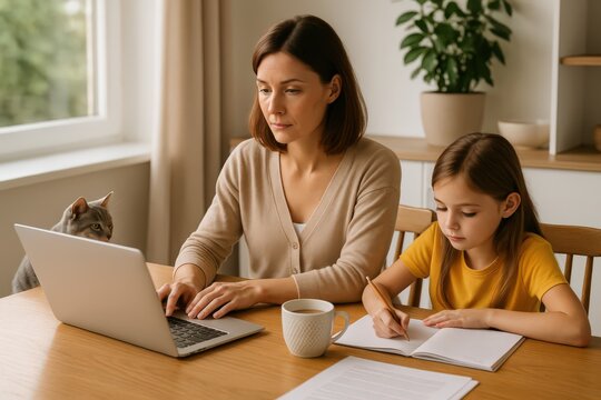 Working from home while helping child with schoolwork during daytime in a cozy living room