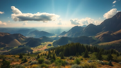 Fototapeta premium Mountain landscape photo Breathtaking view of valley and peaks Dramatic sunlight effect Nature photography High resolution image