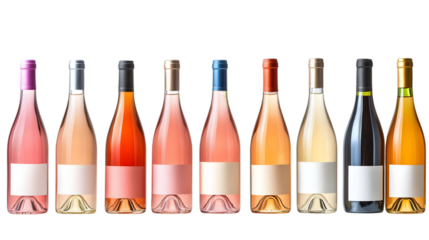 Multiple wine bottles and blank labels isolated on transparent background