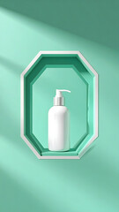 White bottle with pump in octagon frame on mint background.