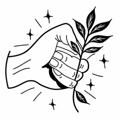 Minimilist hand holding a leafy branch with stars and lines in a black and white minimalist illustration style vector