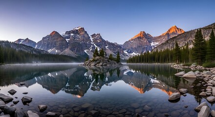 Serene lake at dawn, reflecting majestic mountains in tranquil waters. A picturesque landscape featuring a still lake, mirrored peaks, and a tranquil atmosphere.