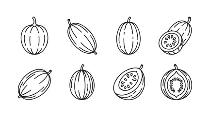 Collection of hand drawn papaya and cucumber silhouettes with detailed line art