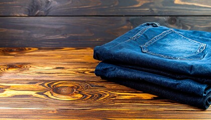 Stacked blue jeans on a wooden surface