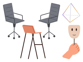Office chairs and vibrant stool with a folded pyramid shape and hand holding a face mask. Ideal for creativity, design, teamwork, collaboration, workplace concepts, identity, and simplicity. Modern
