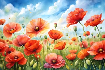 Watercolor painting of a field of red poppy flowers under a blue sky with fluffy white clouds