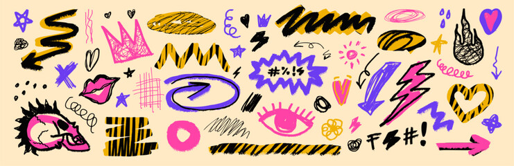 Doodle scribble punk rock with hand fire music. Marker tattoo star elements.