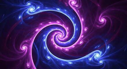 A vibrant, swirling design featuring intricate spirals of vibrant purple and blue hues against a dark backdrop.