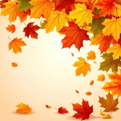 Autumn leaves vibrant cascade of maple leaves in warm yellows, oranges, and reds against soft beige gradient background