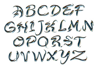 Futuristic modern font with shiny holographic metallic texture, transparent background, PNG