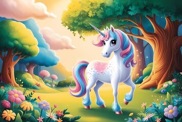 A vibrant and dreamy illustration of a whimsical forest, with lush green trees, colorful flowers, and a few puffy white clouds in the sky. In the center, a majestic unicorn stands proudly.