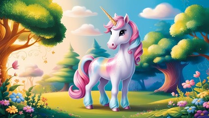 A vibrant and dreamy illustration of a whimsical forest, with lush green trees, colorful flowers, and a few puffy white clouds in the sky. In the center, a majestic unicorn stands proudly.