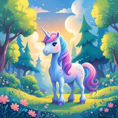 A vibrant and dreamy illustration of a whimsical forest, with lush green trees, colorful flowers, and a few puffy white clouds in the sky. In the center, a majestic unicorn stands proudly.