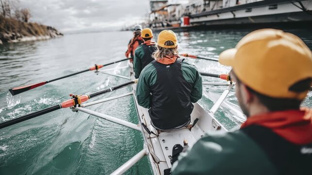 Team rowing on calm waters: synchrony and strength in competitive rowing