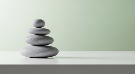 Zen stones stacked on a serene, minimalist surface evoke tranquility and harmony, promoting balance and introspection for mindfulness practices