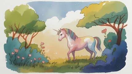 A vibrant and dreamy illustration of a whimsical forest, with lush green trees, colorful flowers, and a few puffy white clouds in the sky. In the center, a majestic unicorn stands proudly.