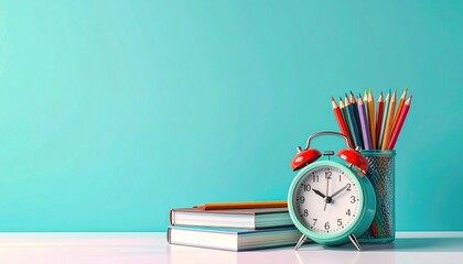 Retro-style teal alarm clock sits next to books, and pencils in a cup against a pastel blue background with light, shiny surface