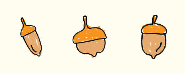 Whimsical hand drawn acorn in doodle sketch style with marker texture. Autumn harvest, oak nut, rustic forest element, seasonal decoration. Flat vector illustration isolated on background.