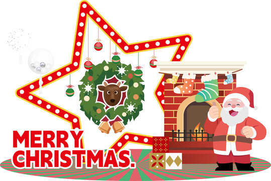 Christmas Sale background, stylized christmas star with santa claus, wreath, and fireplace in a cartoon style