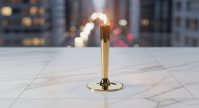 Golden candle flame against a blurry city backdrop on a pristine marble surface evokes urban serenity and soft luminosity