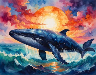 Whale leaping in vibrant sunset sky