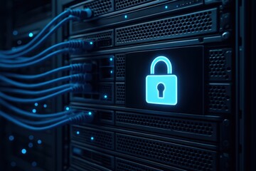 Secure server with glowing padlock symbol and connected cables represents data protection in a modern technology environment