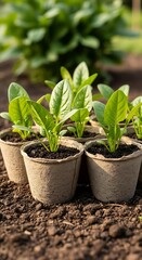 Young spinach plants are nurtured in small, biodegradable pots, set in rich soil, ready for a vibrant garden.