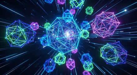 Futuristic Abstract Wireframe Dodecahedron Spheres with Glowing Light Streaks on Black Background