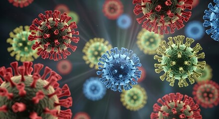 Colorful illustration of various virus particles in three-dimensional representation.