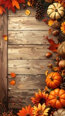 Autumnal arrangement featuring pumpkins, pinecones, sunflowers, acorns, and colorful leaves against a rustic wooden plank backdrop