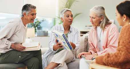 Senior women, meeting or discussion in home with book club, novel or talking for community. Happy, elderly friends or conversation in lounge with speaking, literature or gathering for chapter review.