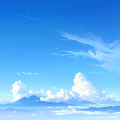 Anime-style blue sky scenery. Fluffy clouds sit above distant mountains in a serene and calming daytime skyscape