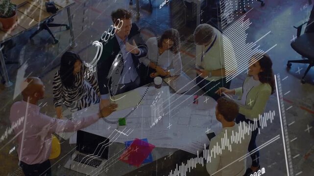 Architecture team gathering around blueprint, sharing phone information and marking plans for phase