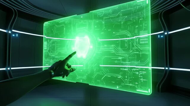 A futuristic digital interface with glowing green elements and interactions.