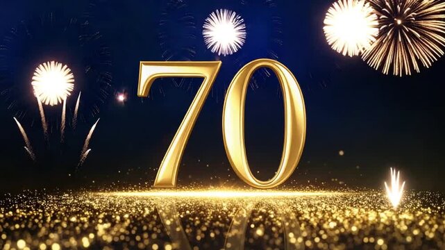 Shiny golden 70 number with bright fireworks festive background.