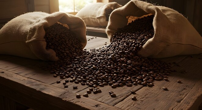 Fresh roasted coffee beans spilling from burlap sacks on rustic wooden tables, bathed in warm natural light, evoking cozy and inviting atmosphere.