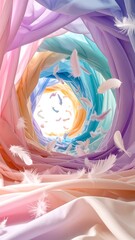 Colorful fabric vortex with feathers