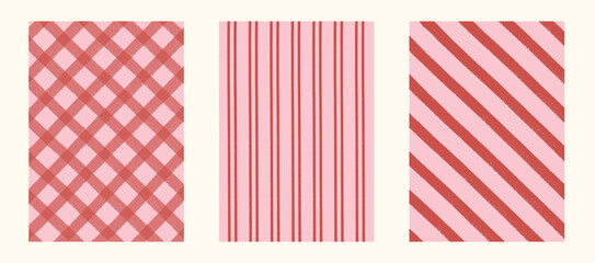 Festive seamless checkered, striped, diagonal doodle backgrounds in red and pink tones. Concept of Christmas candy cane, Valentine wrapping, and cozy xmas holiday surface design. Vector illustration.