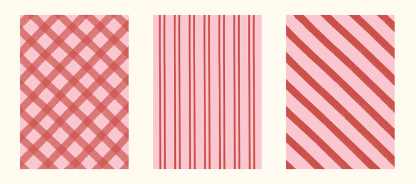 Festive seamless checkered, striped, diagonal doodle backgrounds in red and pink tones. Concept of Christmas candy cane, Valentine wrapping, and cozy xmas holiday surface design. Vector illustration.