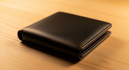Elegant black leather bifold wallet atop a light wooden surface reflecting soft ambient lighting and minimalist design showcasing craftsmanship and