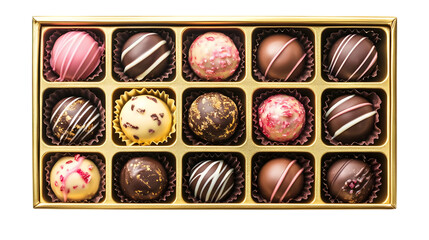 Assorted chocolate truffles in gift box top view isolated on transparent background