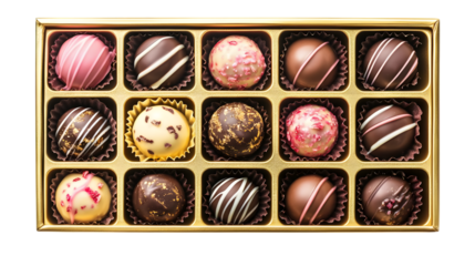 Assorted chocolate truffles in gift box top view isolated on transparent background