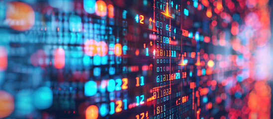 Digital Data Stream: An abstract view of data flowing through a complex digital network, illustrated in a futuristic display of interconnected information, glowing with vibrant hues of blue and red.