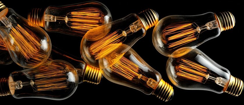 A dark studio shot of an array of glowing, vintage-style light bulbs with warm light, featuring a black background with a golden/copper element
