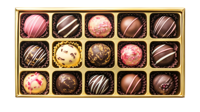 Assorted chocolate truffles in gift box top view isolated on transparent background
