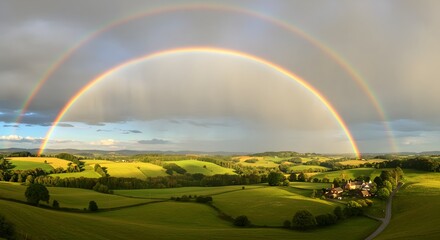 Naklejka premium Double rainbow over rolling hills