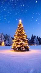 Snowy Christmas tree at night