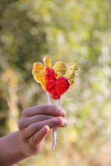 Lollipops in hand. background with sweet for text.